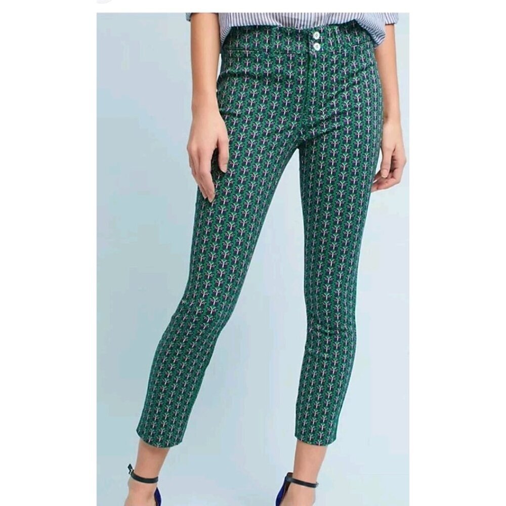 Anthropologie Womens Slim Trouser Pants Size 2 Green Butterfly‎ Print
